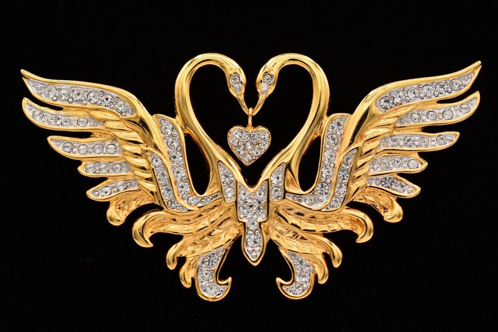 Nolan Miller Vintage Swan Heart Pin Brooch Rhinestone Crystal Gold Signed Signed